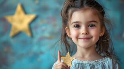 A young girl proudly pointing to her gold star badge, representing her first graduation achievement