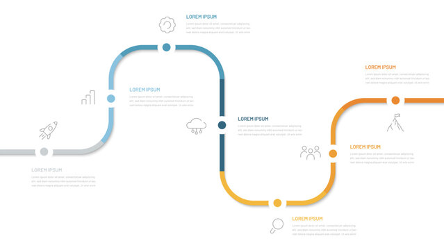 Seven-step horizontal timeline. A diagram for displaying the steps to achieve a goal. A diagram for a website, presentation, or booklet. Modern infographics with dates