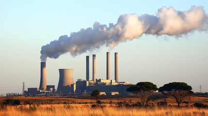 A nuclear power plant with steam and smoke rising from the towers, set against a clear blue sky. The sun is setting in front of it, casting long shadows on the ground. In the foreground, there 
