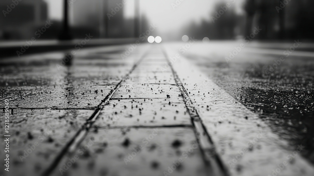 Poster rainy street scene with reflections and soft background bokeh in monochrome style