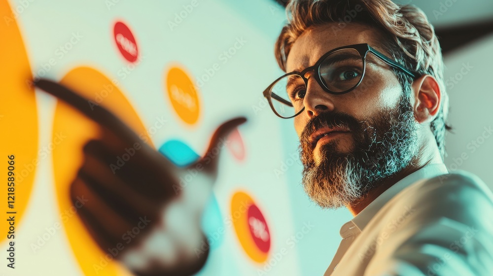 Aufkleber confident businessman presenting data on a colorful background with gestures and expressions of enga