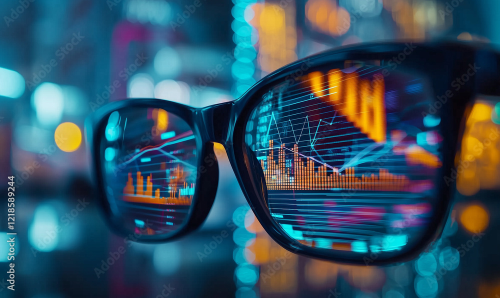 Aufkleber glasses reflecting colorful data visualizations in a digital environment.