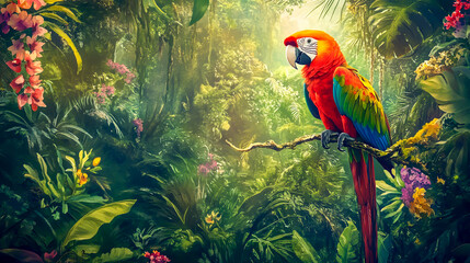 Create a captivating watercolor painting of a vibrant tropical parrot perched in a lush, green rainforest filled with exotic foliage and colorful blossoms