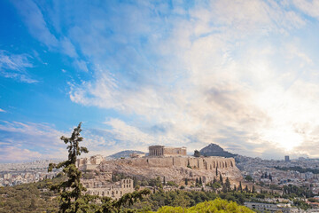 Sunny view of ancient ruin in Athens, Greece