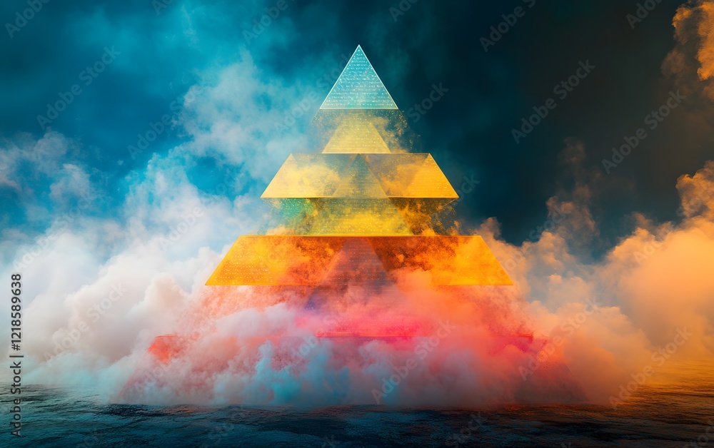 Poster a vibrant abstract composition featuring layered triangles in bright colors. the design is enhanced 
