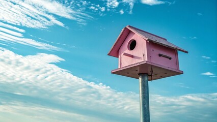 Simple Pink Birdhouse Design Perched Against a Blue Sky