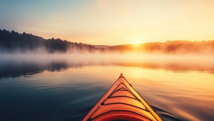 Kayaking adventure at sunrise on tranquil lake