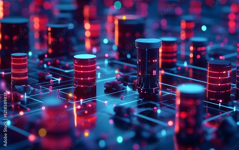 Aufkleber a vibrant and futuristic digital landscape, featuring glowing data cylinders interconnected with int
