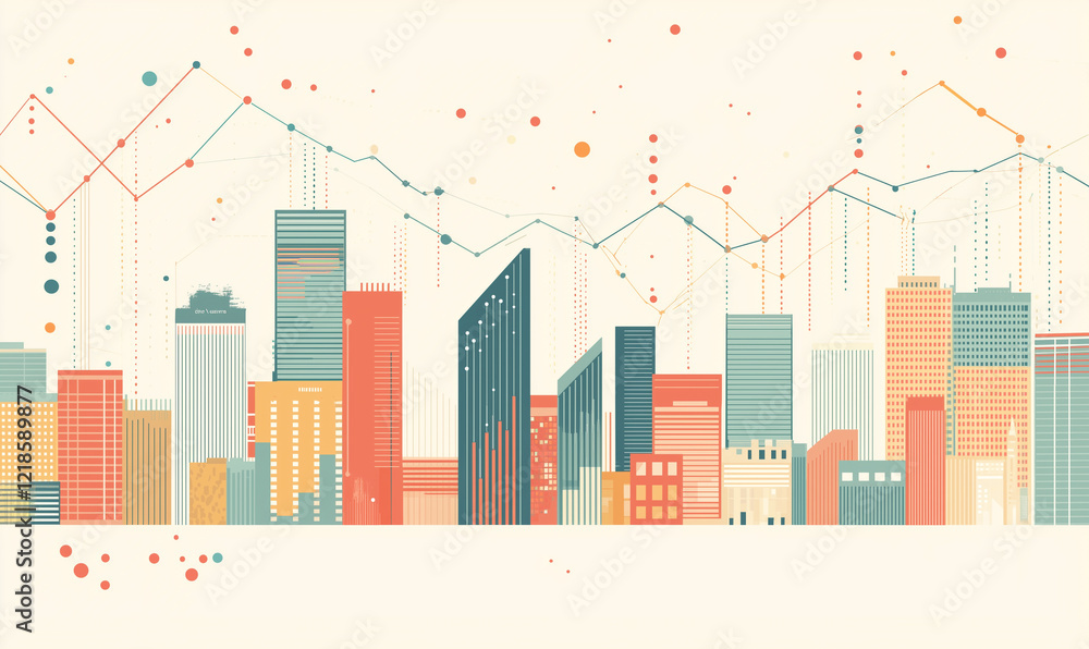Poster abstract city skyline with colorful buildings and data visualization elements, representing growth a