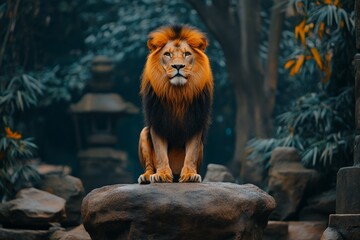 Obraz premium Majestic lion sitting on a rock in a lush jungle setting during early morning light