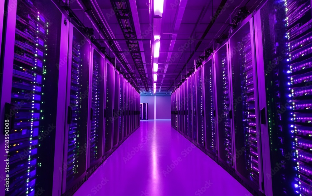 Poster a vibrant data center corridor illuminated by purple lights, showcasing rows of servers. this modern