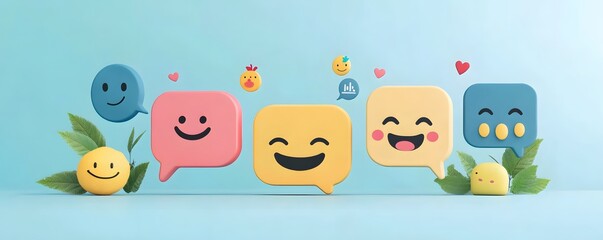 Fototapeta premium A vibrant display of colorful speech bubbles featuring various emoticons, symbolizing happiness and positivity
