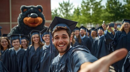 Obraz premium A group of graduates taking selfies in their caps and gowns, the school mascot visible in the background