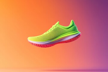 Brightly colored sneaker floats against vibrant gradient backgro