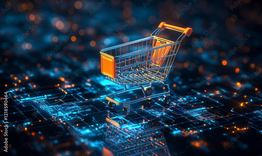 Poster digital shopping cart with glowing circuitry on a dark background, symbolizing modern e-commerce and