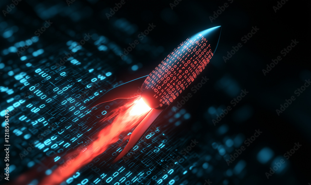 Aufkleber futuristic rocket soaring through a digital landscape with glowing data streams.