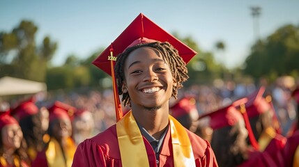 A student walking confidently across the graduation stage as their name is announced, their family cheering in the crowd