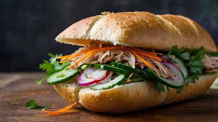 A crispy banh mi sandwich filled with pork, pickled vegetables, and fresh herbs. 