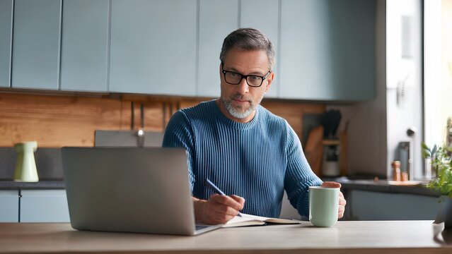 A middle-aged man sits at the kitchen table, holding a mug of coffee and writing in a notebook while working on his laptop. He exemplifies a productive and thoughtful morning routine.