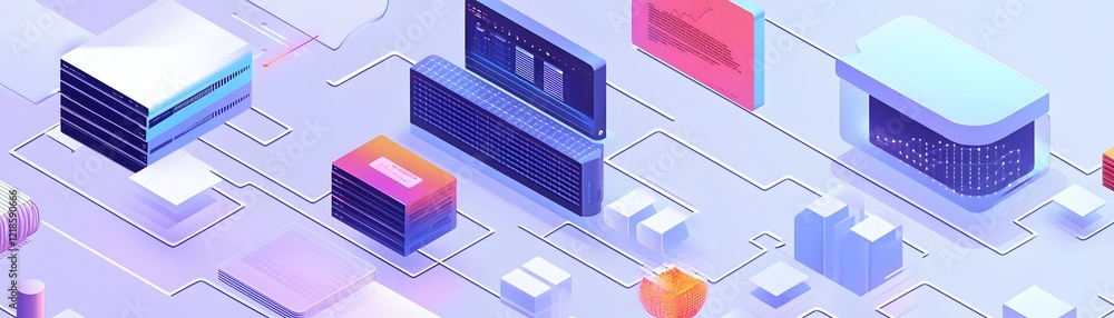 Poster abstract representation of digital technology with vibrant geometric shapes and interconnected lines
