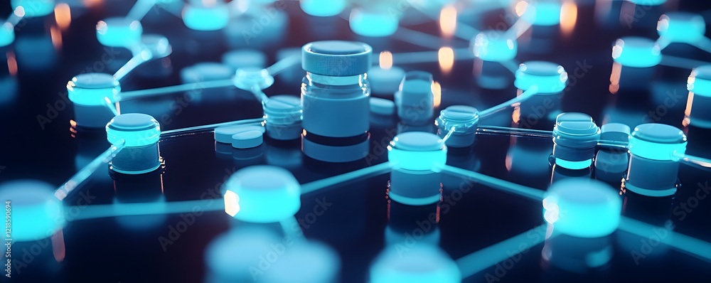 Poster abstract representation of interconnected digital networks with glowing blue nodes, symbolizing data
