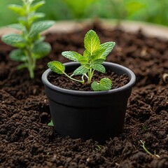 Fresh Mint Plant in Black Pot - Perfect for Home Gardening & Herbal Use. Forestry industry concept. Young mint plant growing in a pot, surrounded by fertile soil