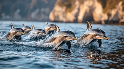 Fototapeta premium Dolphins leaping, ocean sunrise, coastal cliffs, wildlife documentary