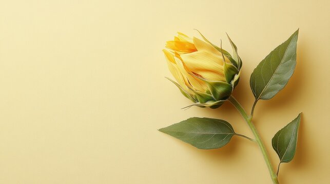 Fresh yellow rosebud resting on a soft yellow backdrop showcasing delicate details and fresh beauty