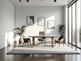 modern living room with furniture Office interior backdrop sleek desk, ergonomic chair, minimalist decor, and ample natural light, offering a functional and aesthetic workspace.