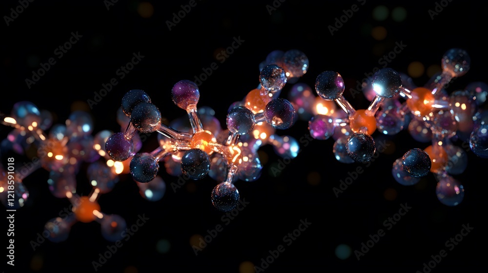 Poster an intricate visualization of molecular structures, showcasing vibrant colors and glowing elements. 