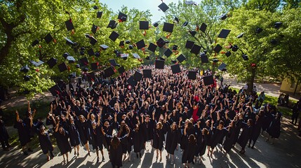 A group of students tossing their caps as a drone captures the scene from above, their excitement frozen in time
