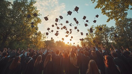 A group of students tossing their caps as a drone captures the scene from above, their excitement frozen in time