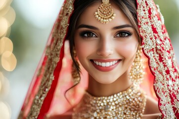 Beautiful bride smiling in traditional attire with intricate jewelry during a festive celebration outdoors