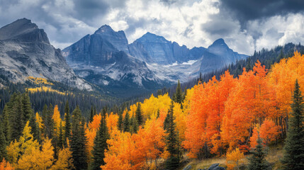 Fototapeta premium Colorado Rockies lifelike like taken with a professional camera, in desktop wallpaper fill format, with autumn colors in trees