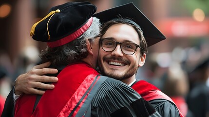 A doctoral graduate hugging their advisor, both beaming with pride and accomplishment