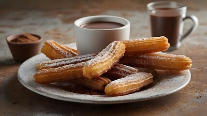 A serving of churros dusted with cinnamon sugar, served with a cup of melted chocolate. 