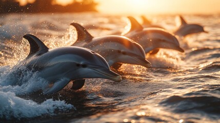 Obraz premium Dolphins leaping, sunset ocean, wildlife, travel