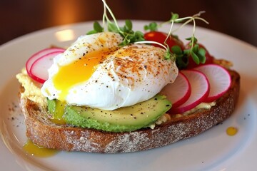 Poached egg avocado toast with radish sprouts
