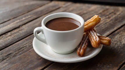 A serving of churros dusted with cinnamon sugar, served with a cup of melted chocolate. 