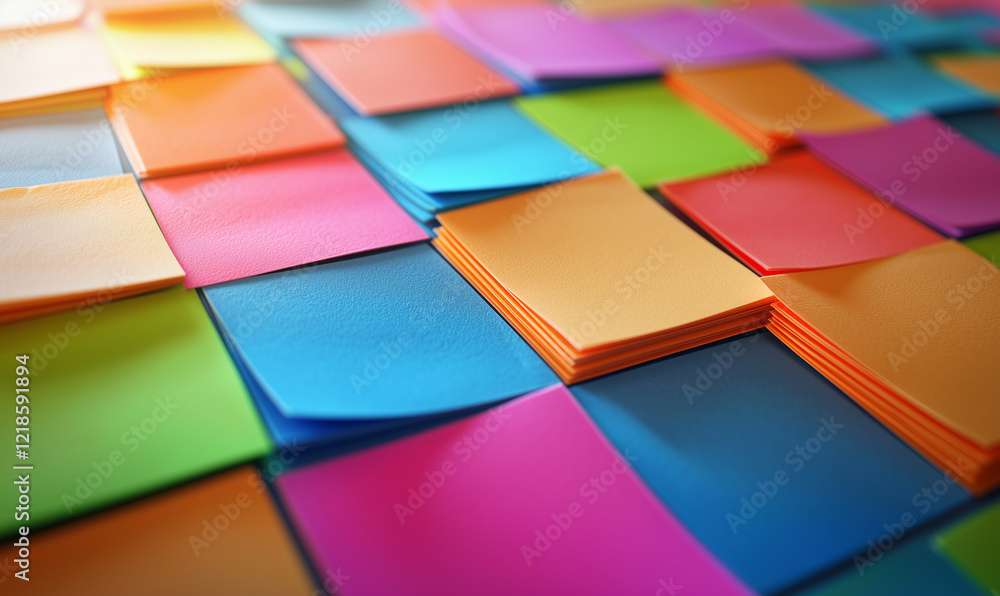 Poster creative brainstorming session with colorful sticky notes office environment photography overhead vi