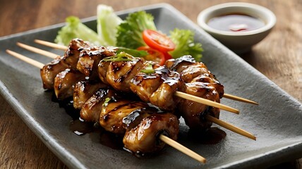 A stick of grilled yakitori chicken skewers, lightly glazed with teriyaki sauce. 
