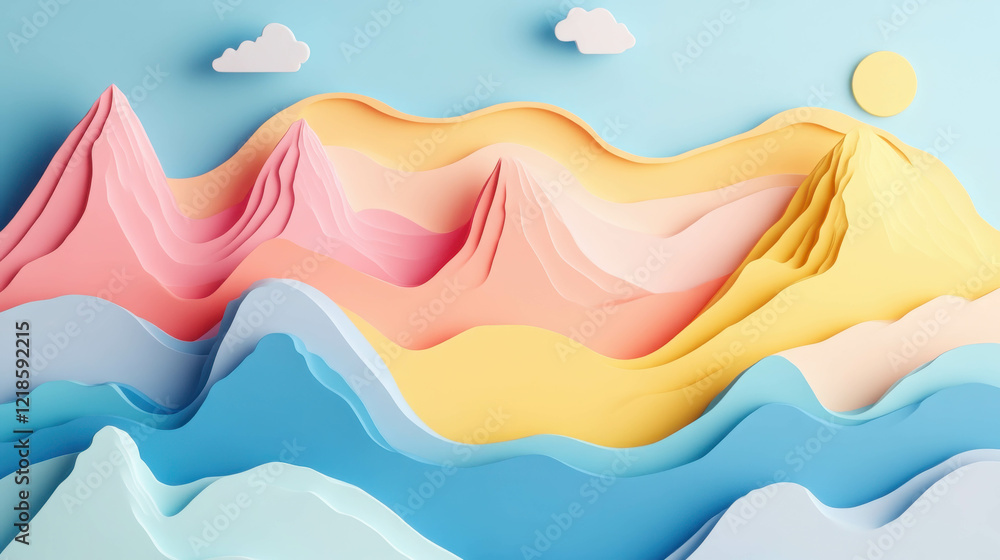Poster serene 3d mountain landscape design with soft colors and clouds in tranquil setting