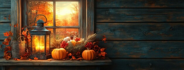 Autumn Scene of Window with Lantern, Pumpkins, and Colorful Leaves, Capturing Warmth and Tranquility of Fall Season in Cozy Rustic Setting