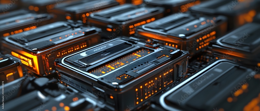 Poster high-tech server stacks with illuminated indicators in a data center setting.