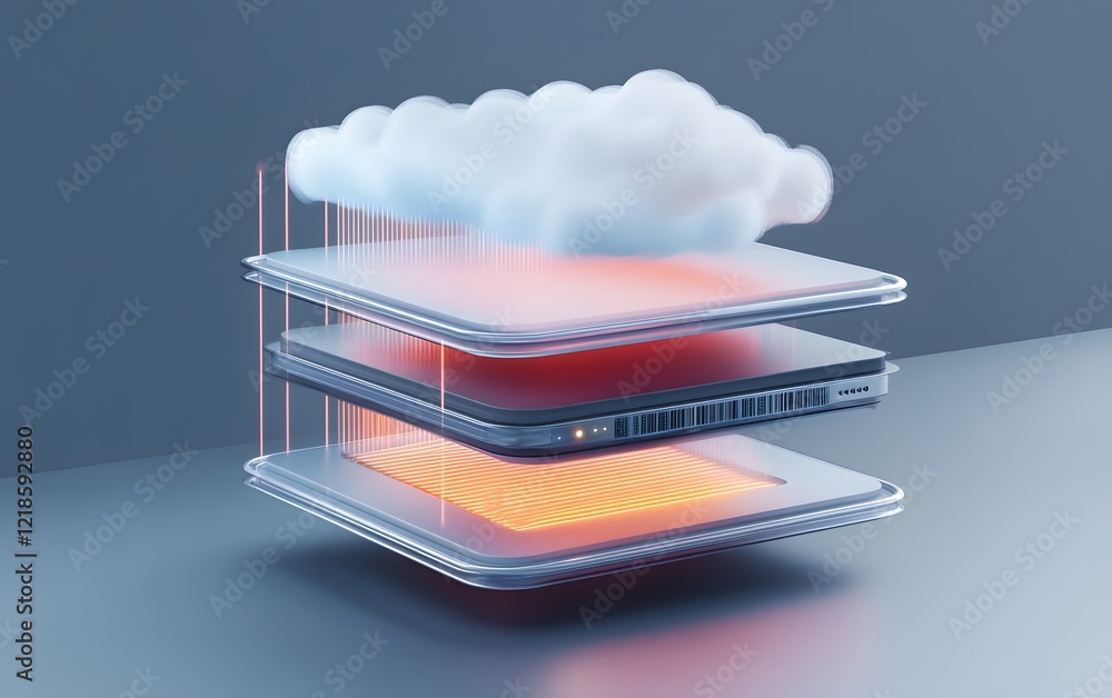 Poster innovative cloud computing concept featuring layered data storage with vibrant colors, illustrating 