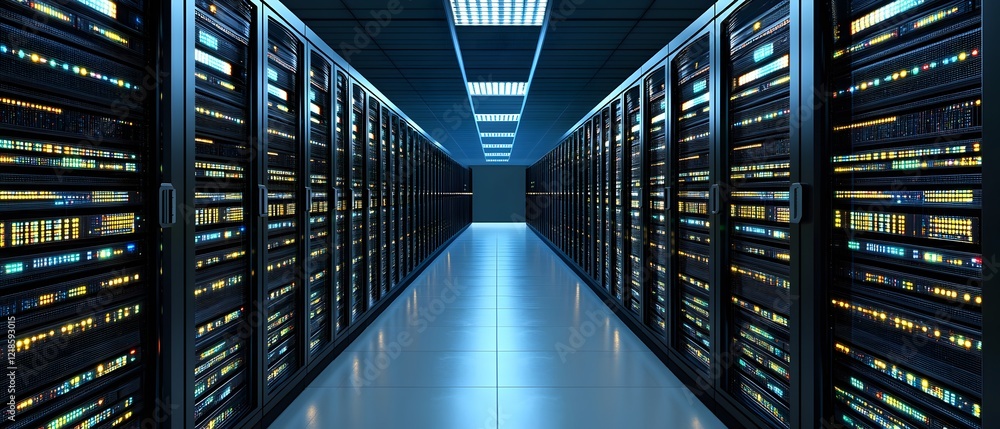 Poster modern data center interior with rows of server racks and bright overhead lights.