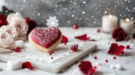 Romantic heart-shaped cookie with rose petals and snowflakes on lace napkin: Snowy Valentines Day Aesthetics