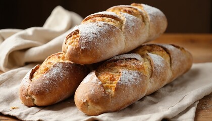 Freshly baked rustic baguettes dusted with flour on a linen cloth.