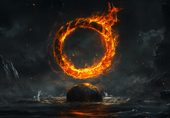 A water and fire elemental circle, creating an epic background. The water is in the shape of an O with waves around it. A flame forms on top of that. In front, there's a round rock, symbolizing 