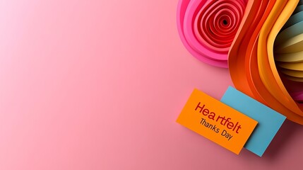 Colorful paper designs with a card saying heartfelt Thanks Day, vibrant and modern.